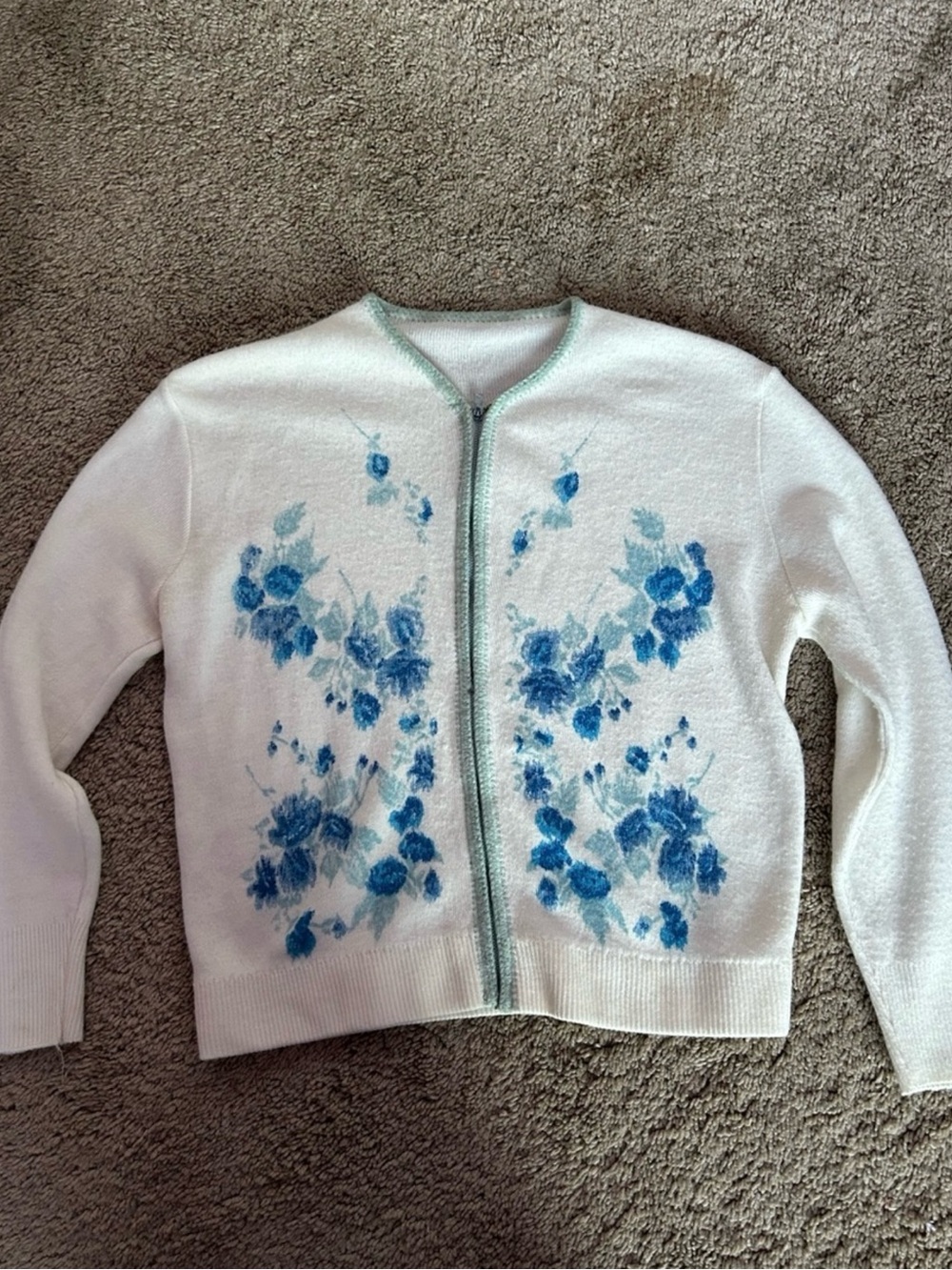 White Sweater Cardigan with Blue Floral Print